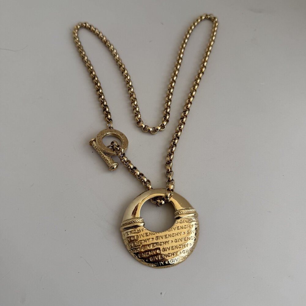 Givenchy Logo Engraved Circle Medallion Toggle Chain Necklace